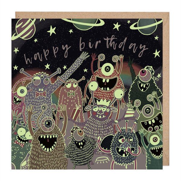 Greeting Card-E424 - Glow in the dark aliens birthday card-Whistlefish