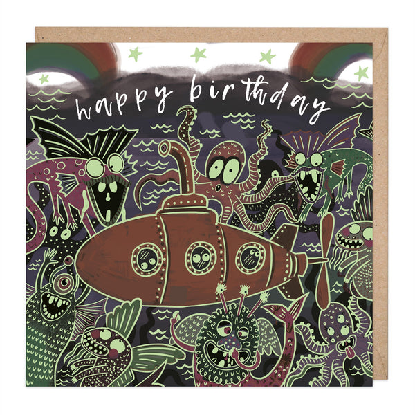 Greeting Card-E425 - Glow in the dark sea monsters birthday card-Whistlefish