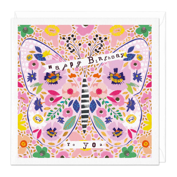 Greeting Card-E440 - Pink Floral Butterfly Birthday Card-Whistlefish