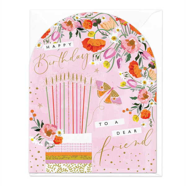 Greeting Card-E460 - Flowers and Cake Dear Friend Birthday Card-Whistlefish