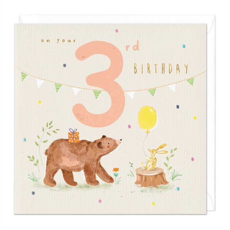 Greeting Card-E520 - Woodland Animals 3rd Birthday Card-Whistlefish