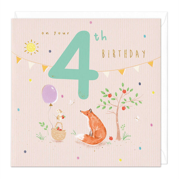 Greeting Card - E521 - Woodland Animals 4th Birthday Card - Woodland Animals 4th Birthday Card - Whistlefish