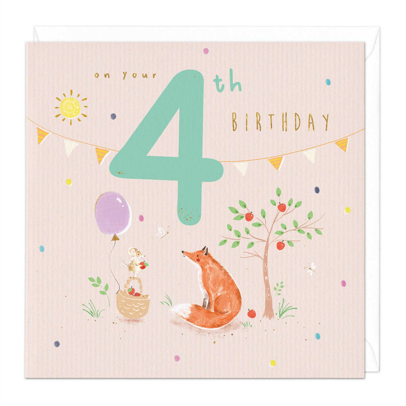 Greeting Card-E521 - Woodland Animals 4th Birthday Card-Whistlefish