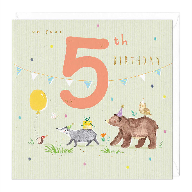 Greeting Card-E522 - Woodland Animals 5th Birthday Card-Whistlefish