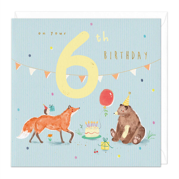 Greeting Card - E523 - Woodland Animals 6th Birthday Card - Woodland Animals 6th Birthday Card - Whistlefish