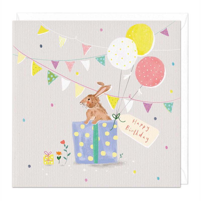 Greeting Card-E524 - Cute Bunny in Present Birthday Card-Whistlefish