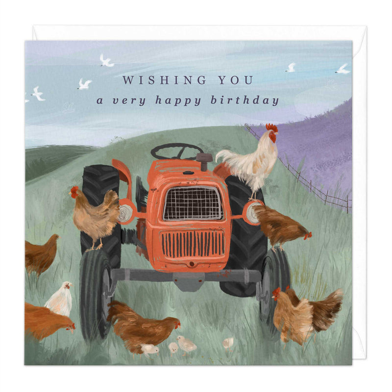 Greeting Card-E560 - Chickens On A Tractor Birthday Card-Whistlefish