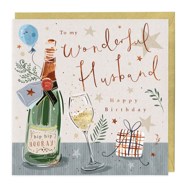 Greeting Card-E682 - Husband Champagne and Present Birthday card-Whistlefish