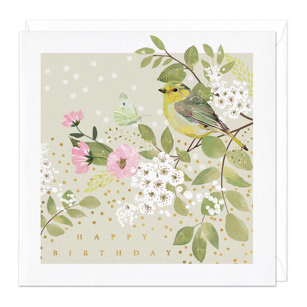 Greeting Card - E741 - Greenfinch Blossom Birthday Card - Greenfinch Blossom Birthday Card - Whistlefish