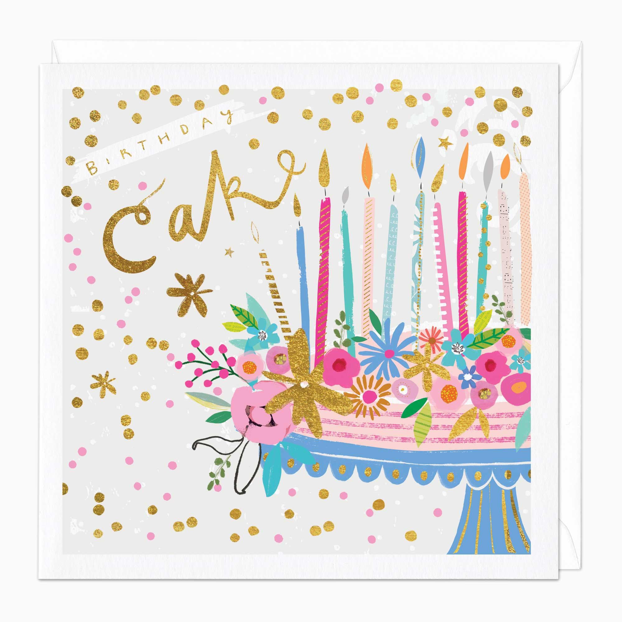Greeting Card-F028 - Spotty Floral Cake Birthday Card-Whistlefish