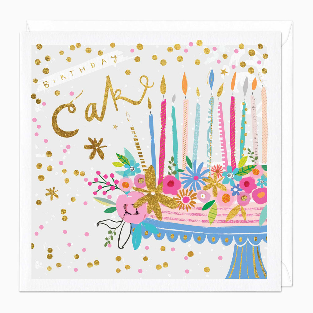 Greeting Card-F028 - Spotty Floral Cake Birthday Card-Whistlefish