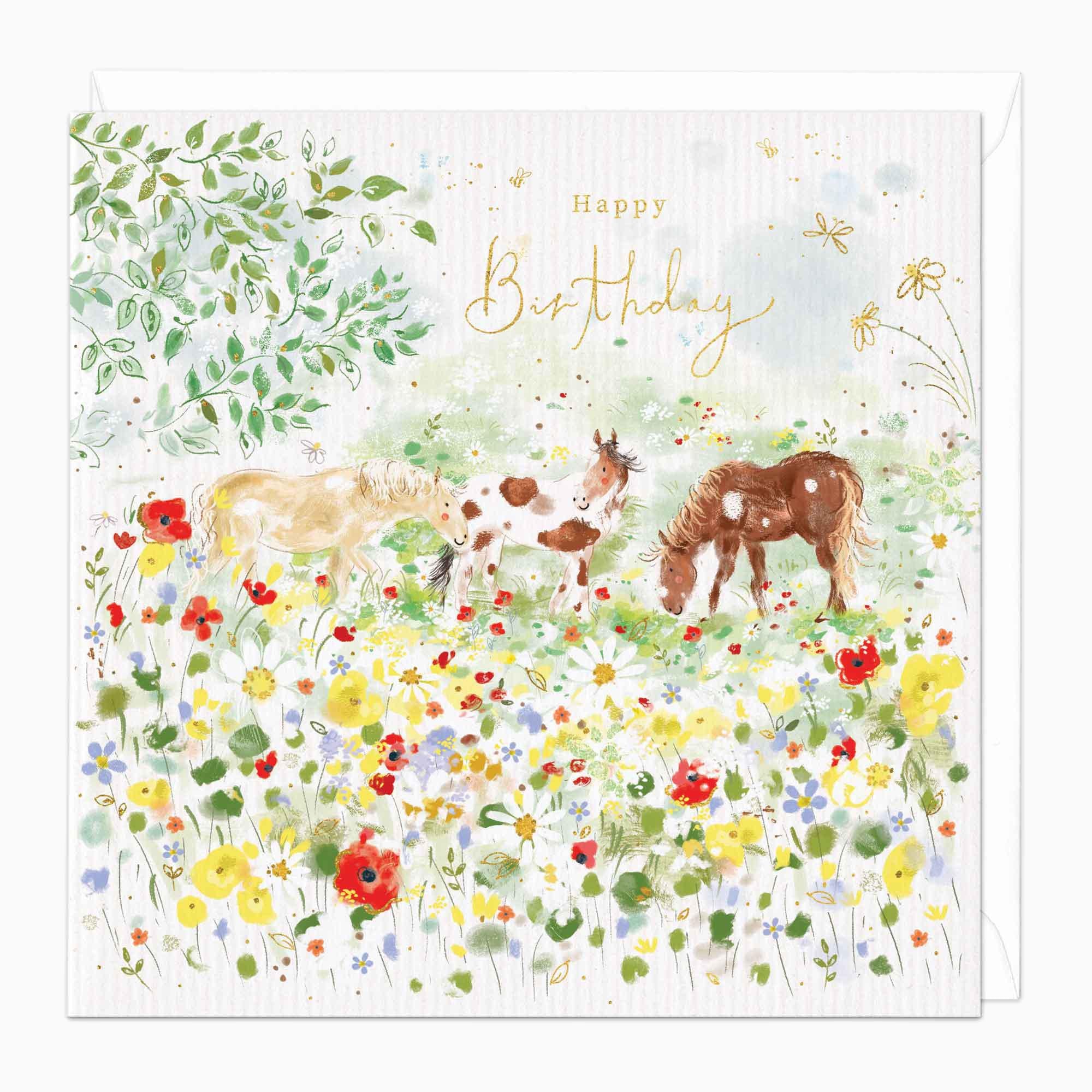 Greeting Card-F168 - Grazing Horses Birthday Card-Whistlefish