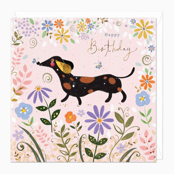 Greeting Card-F184 - Sausage Dog In The Flowers Birthday Card-Whistlefish