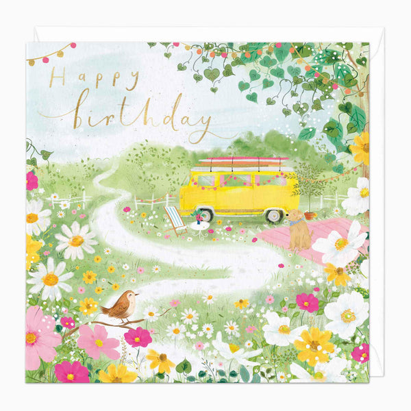 Greeting Card-F187 - Floral Scenery & Campervan Birthday Card-Whistlefish