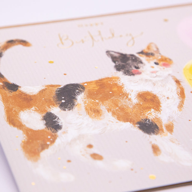 Greeting Card - F200 - Calico Cat & Balloon Birthday Card - Calico Cat & Balloon Birthday Card - Whistlefish