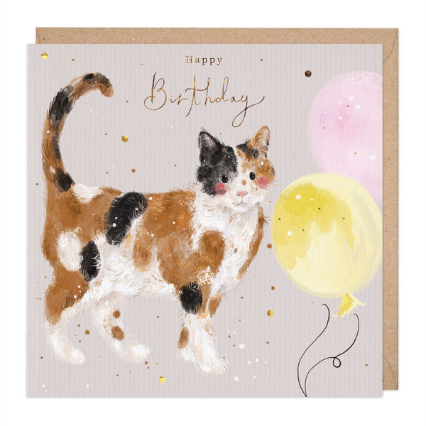 Greeting Card - F200 - Calico Cat & Balloon Birthday Card - Calico Cat & Balloon Birthday Card - Whistlefish