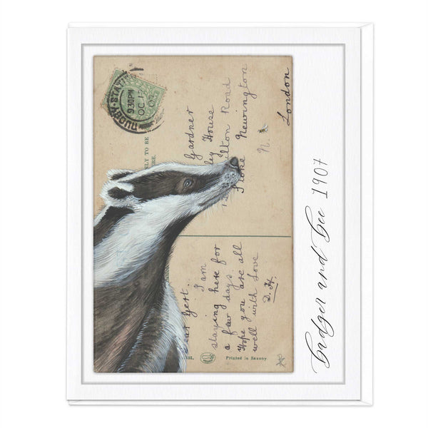 Greeting Card - F230 - Badger & Bee Vintage Postcard - Badger & Bee Vintage Postcard - Whistlefish