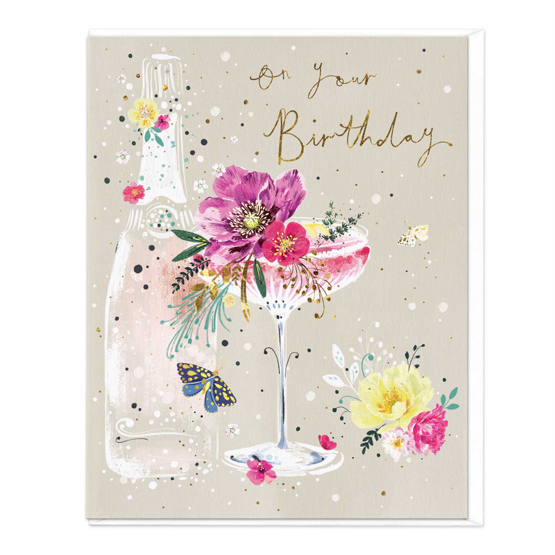 Greeting Card - F251 - Floral Champagne Birthday Card - Floral Champagne Birthday Card - Whistlefish