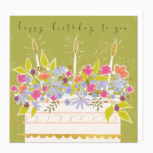 Greeting Card-F345 - Decorative Florals Birthday Cake Card-Whistlefish