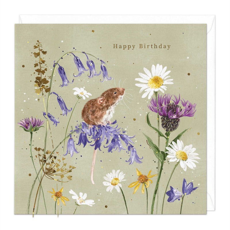 Greeting Card - F398 - Field Mouse Among Florals Birthday Card - Field Mouse Among Florals Birthday Card - Whistlefish