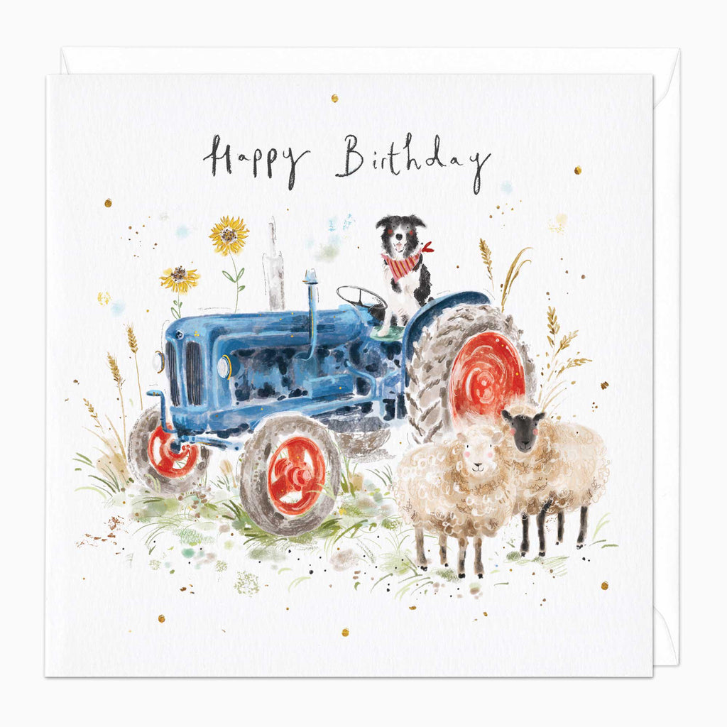 Greeting Card-F401 - Sheepdog Tractor Birthday Card-Whistlefish