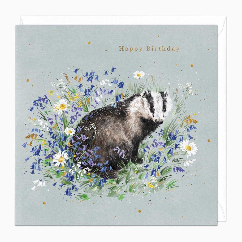 Greeting Card-F421 - Badger In Florals Birthday Card-Whistlefish