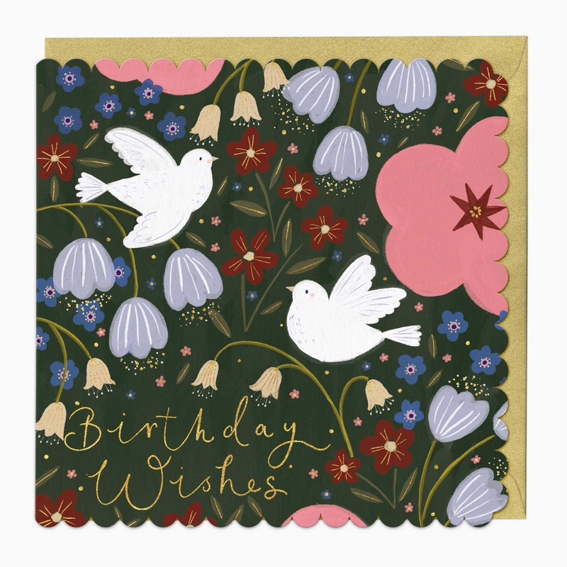 Greeting Card - F536 - Doves Among Florals Birthday Scalloped Card - Doves Among Florals Birthday Scalloped Card - Whistlefish