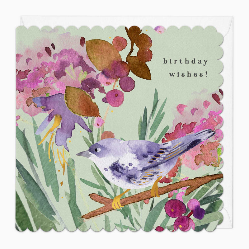 Greeting Card - G114 - Watercolour Birthday Wishes Scalloped Card - Watercolour Birthday Scalloped Wishes Card - Whistlefish