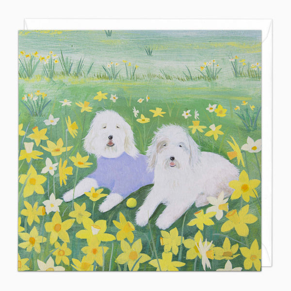 Greeting Card-G428 - Dogs in the Daffodils Art Card-Whistlefish