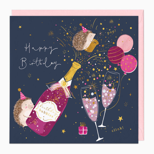 Greeting Card-H144 - Hedgehogs Pop Champagne Birthday Card-Whistlefish