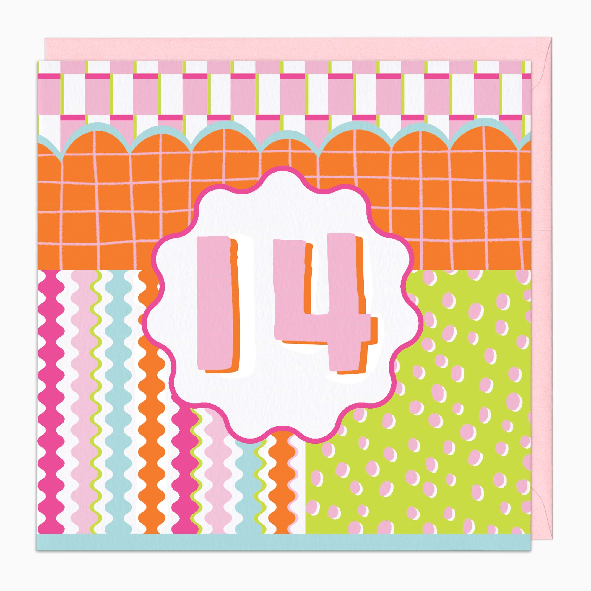Greeting Card-H171 - Fluro Wiggles Pink 14 Birthday Card-Whistlefish