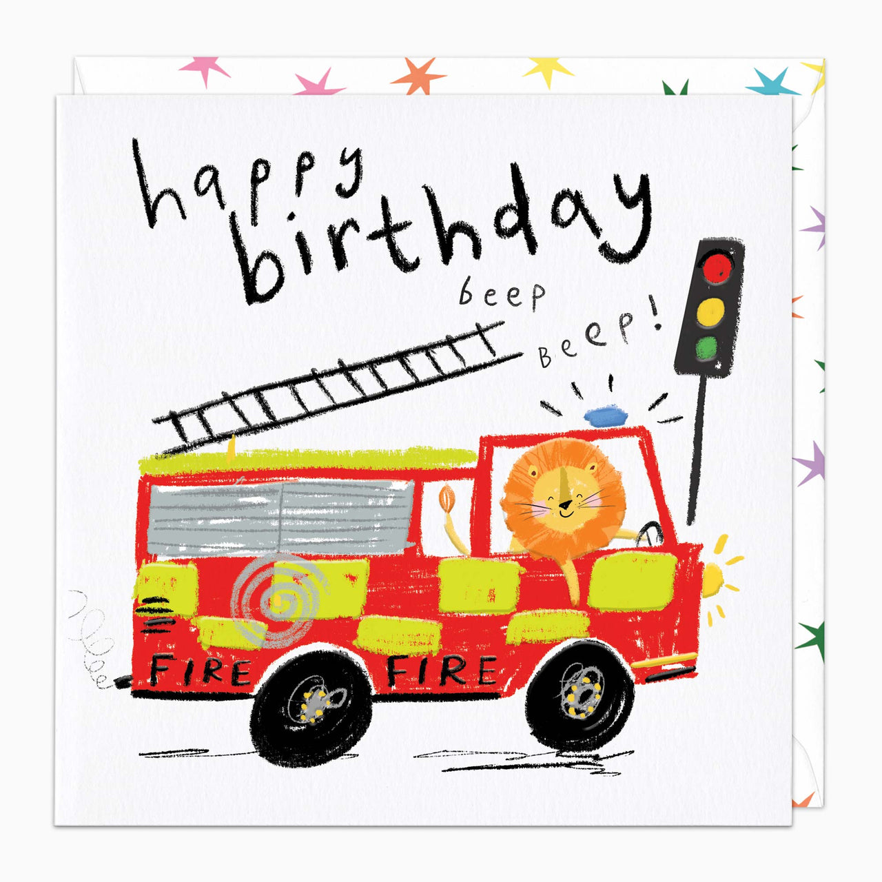 Greeting Card-H252 - Lion Fire Engine Birthday Card-Whistlefish