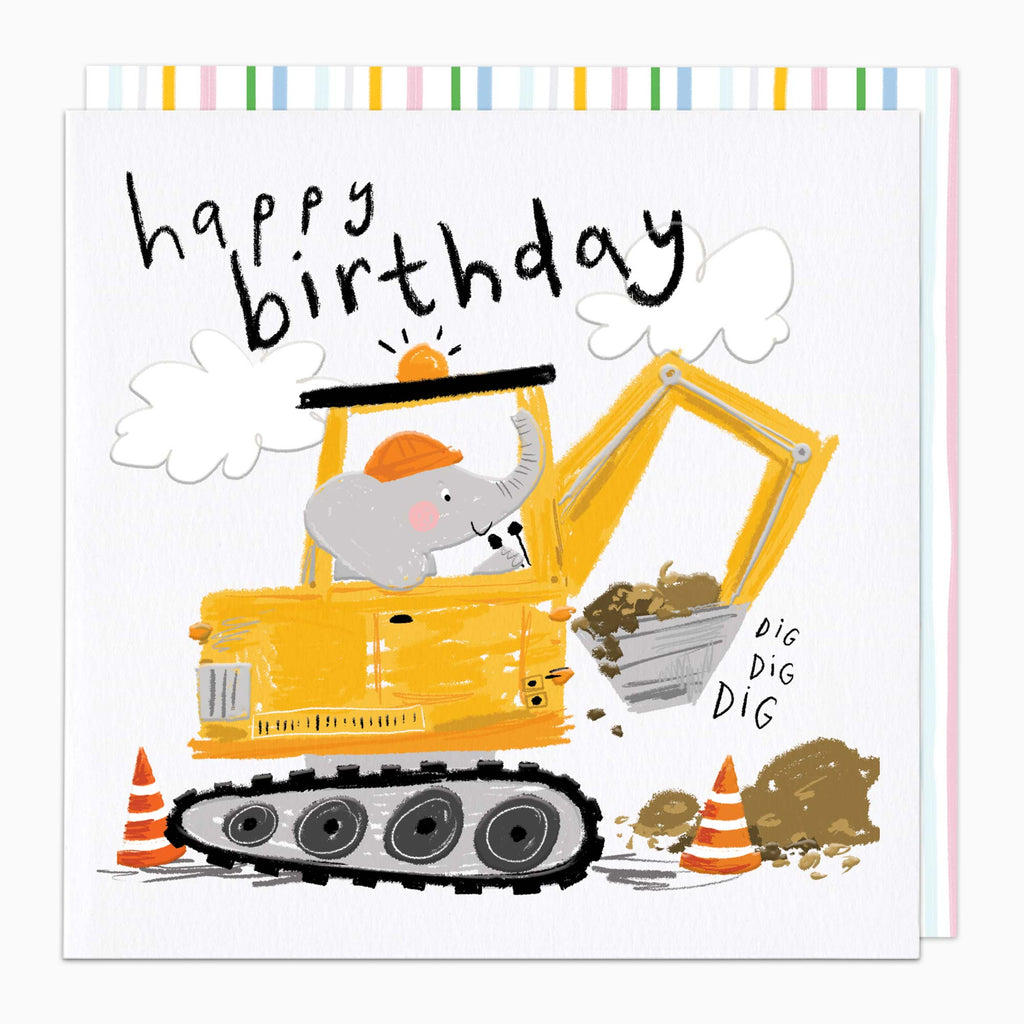 Greeting Card-H253 - Elephant Digger Birthday Card-Whistlefish