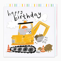 Elephant Digger birthday card featuring a grey elephant in a yellow digger, orange cones, and colourful striped envelope.