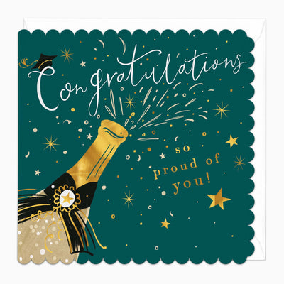Bubbly Congratulations card with a champagne bottle, gold stars, and confetti on a dark green scalloped-edge background.