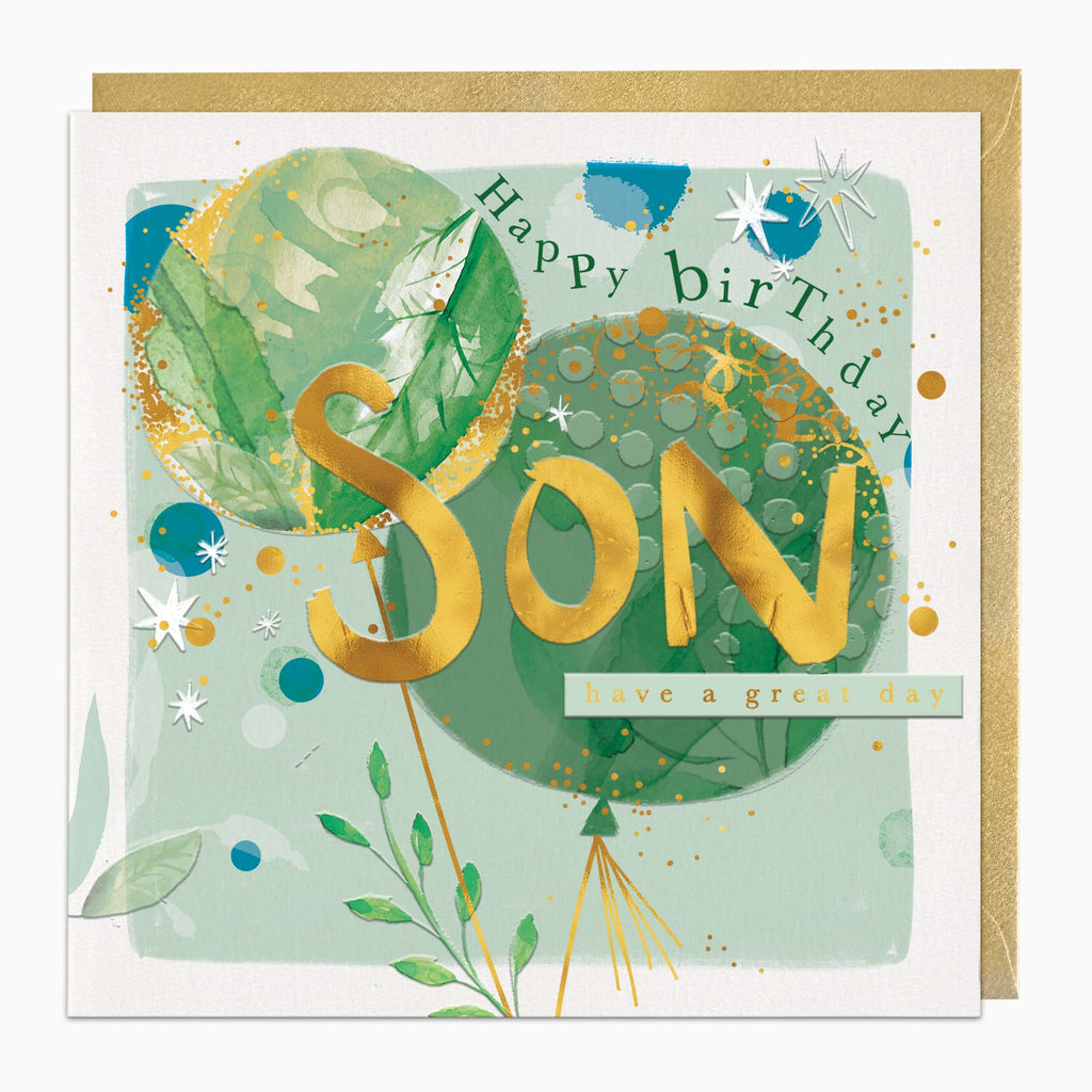 Greeting Card-H324 - Green Balloons Son Birthday Card-Whistlefish