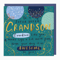 Blue Grandson birthday card featuring colourful balloons, gold lettering and confetti on a teal background with an envelope.