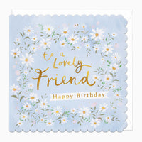 Daisy Chain Lovely Friend birthday card with a scalloped edge, featuring white daisies on a pale blue background.