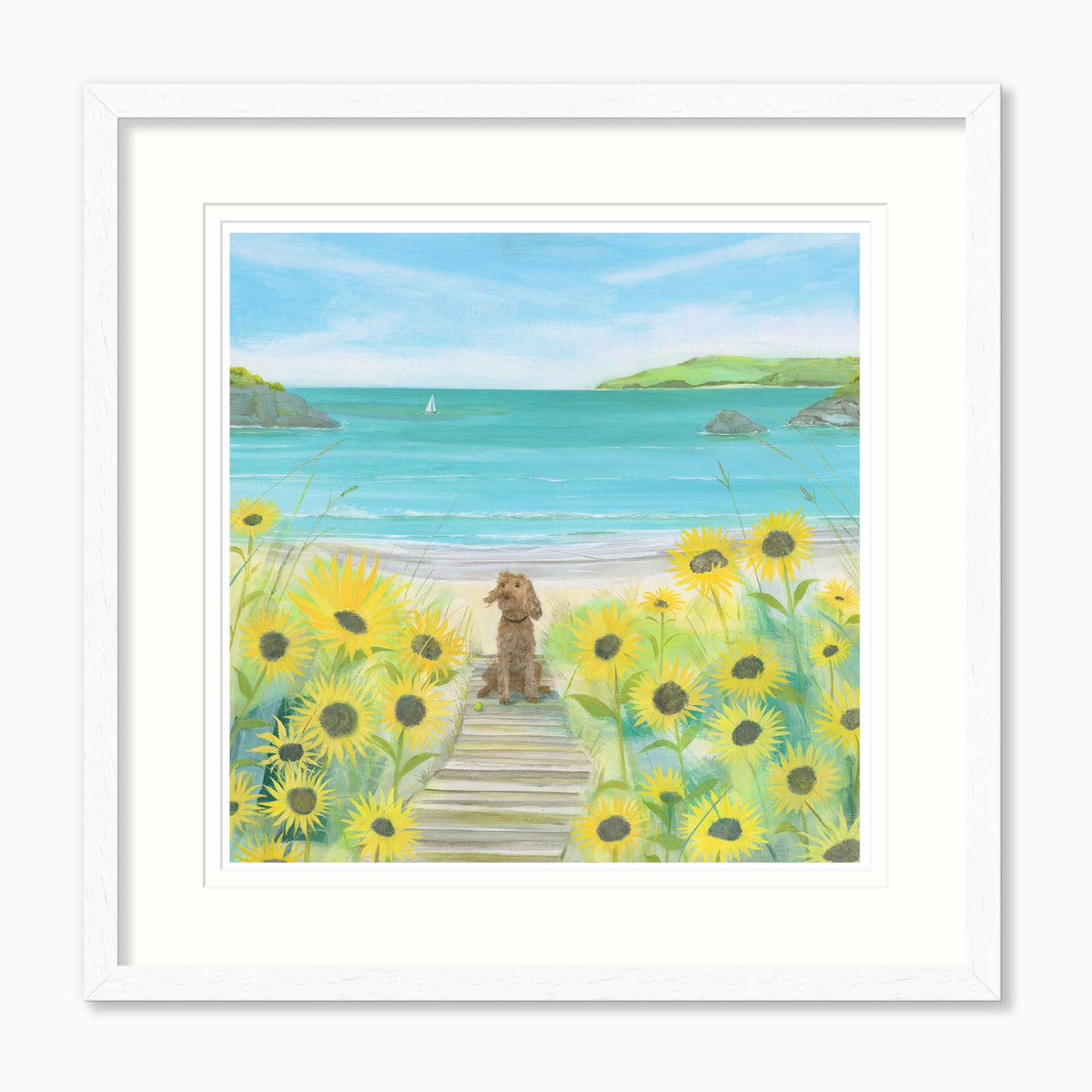 HC375F - Dudley in the Sunflowers Framed Print