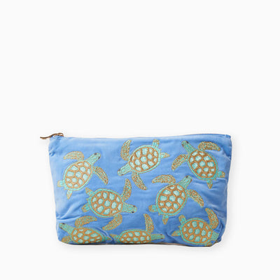 Pouch-71878 - Swimming Turtle Blue Velvet Everyday Pouch-Elizabeth Scarlett