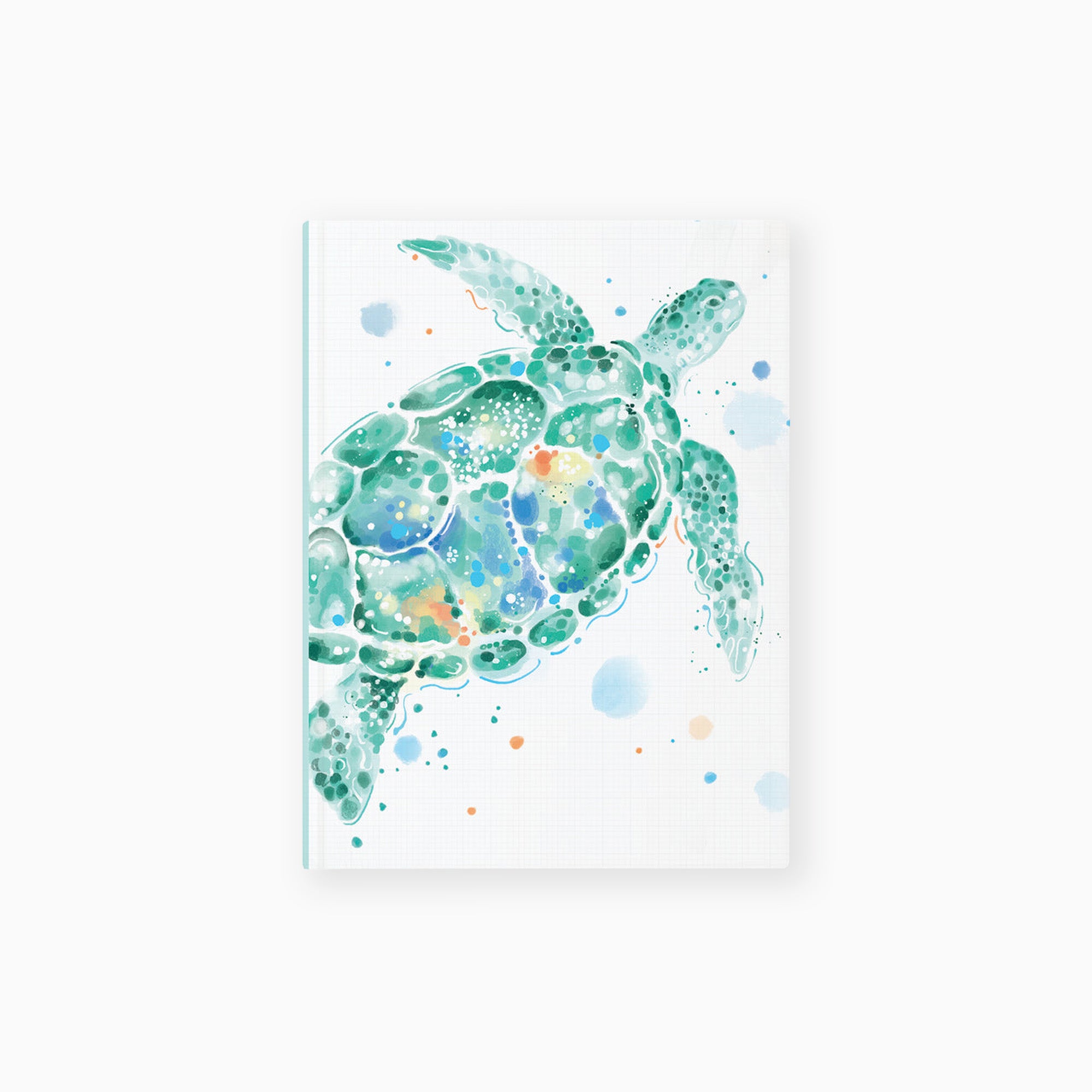 Turtle Notebook featuring a watercolour illustration of a green sea turtle on a white grid-patterned background.
