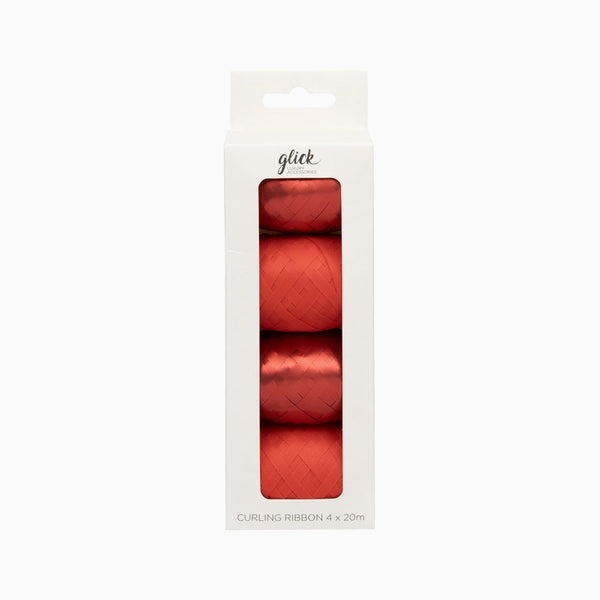 Four spools of vibrant red curling ribbon packaged in a white vertical display box.