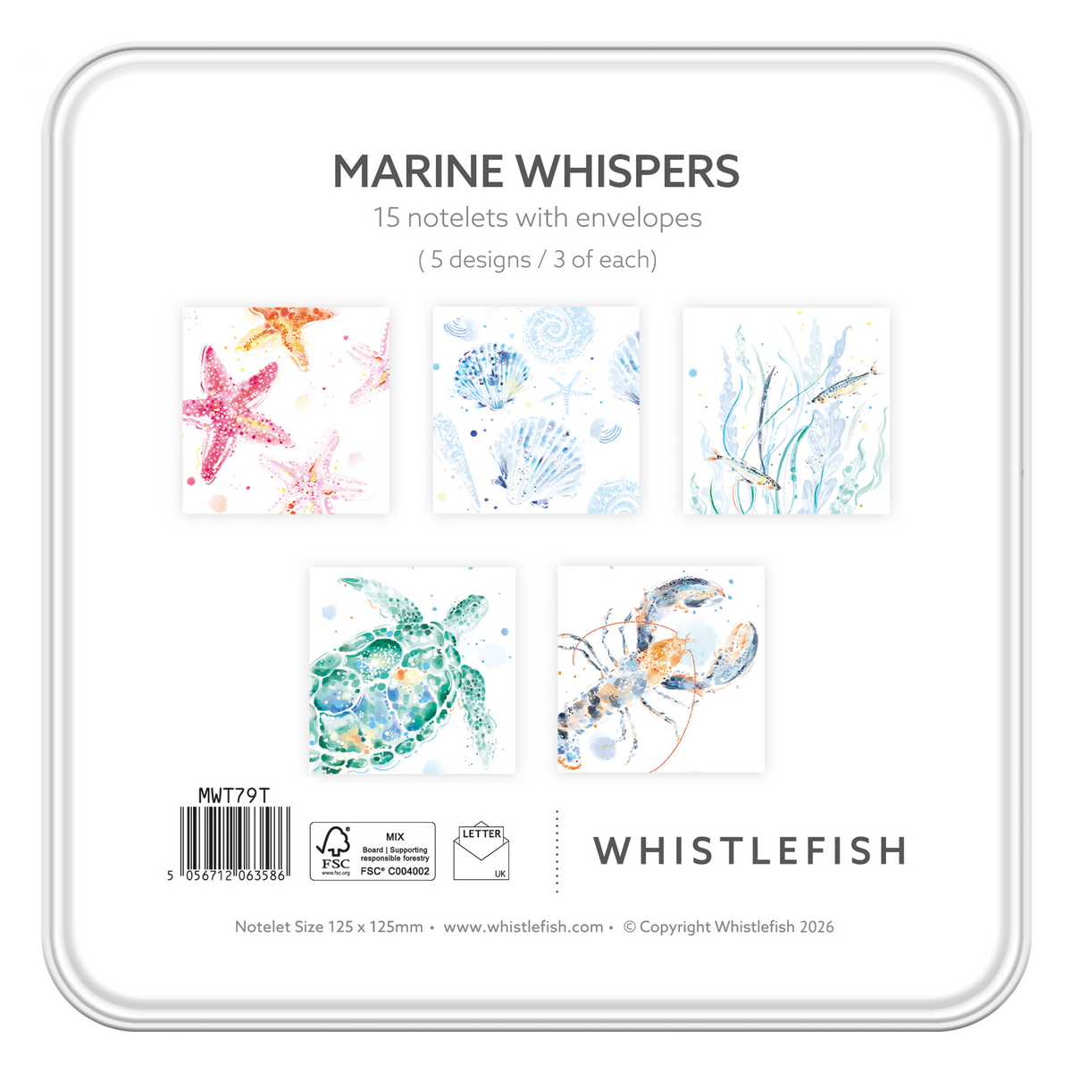 Turtle Notelet Tin featuring five square greeting cards with watercolour marine illustrations of starfish, shells, fish, turtle and lobster.