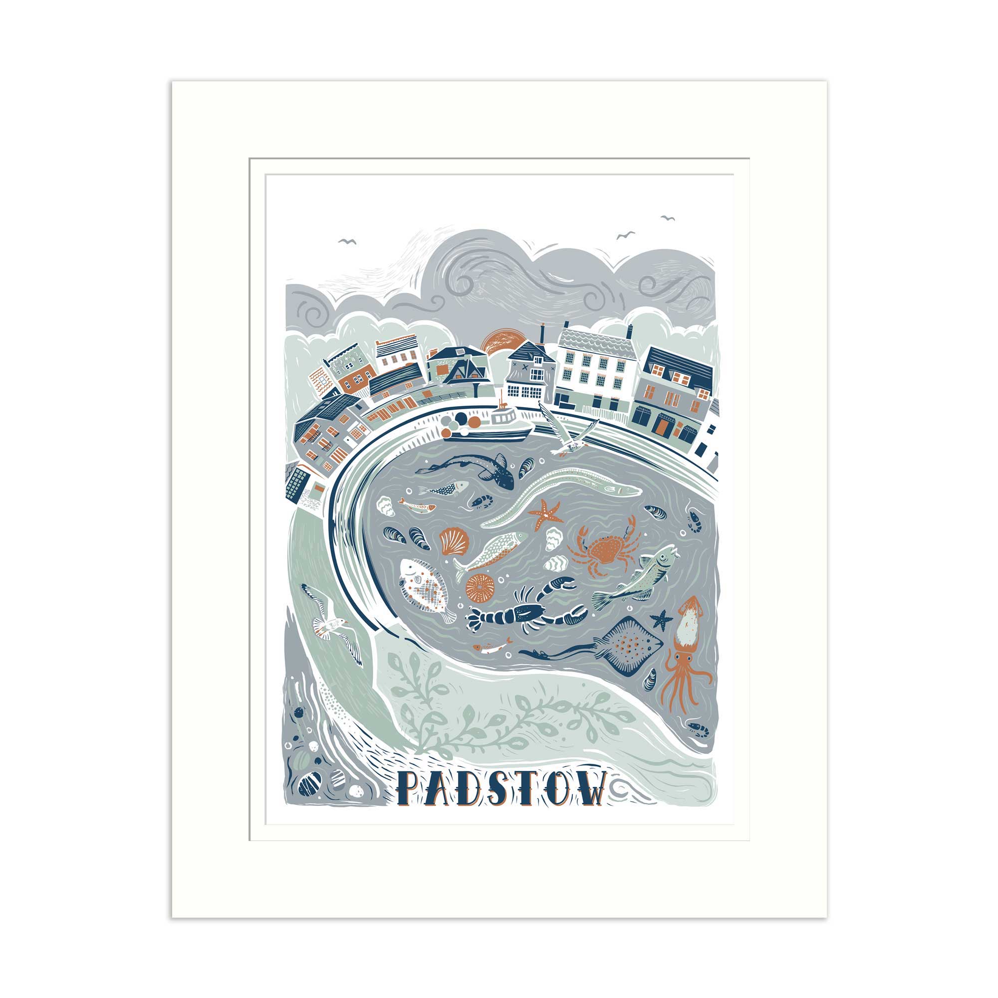 Padstow Lino Medium Mounted Print - Whistlefish