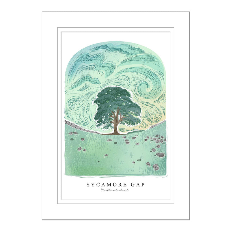 Mounted Print - WF955M - Sycamore Gap Arched Lino Large Mounted - Sycamore Gap Arched Lino Large Mounted Print - Whistlefish