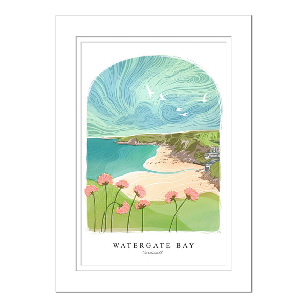 Mounted Print - WF959M - Watergate Bay Arched Lino Mounted Print - Watergate Bay Arched Lino Large Mounted Print - Whistlefish