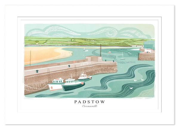 Mount Print - WF972M - Padstow Docks Arched Lino Mounted Print - Padstow Docks Arched Lino Mounted Print - Whistlefish