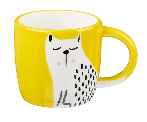 Mug - CCM-002 - White Cat On Short Yellow Mug - White Cat On Yellow Short Mug - Whistlefish