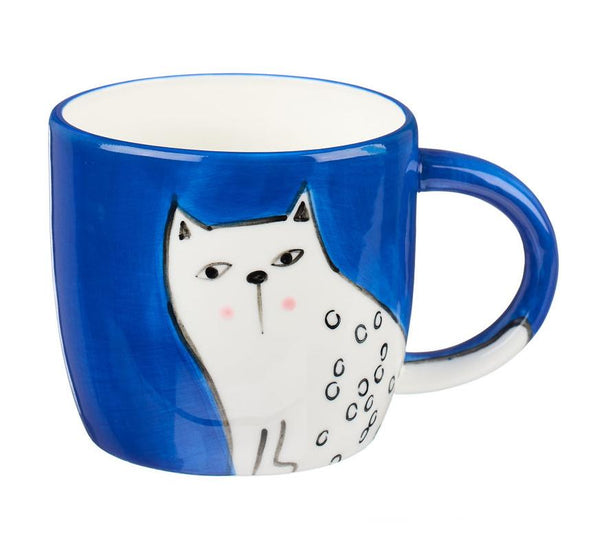 Mug - CCM-003 - White Cat On Short Blue Mug - White Cat On Short Blue Mug - Whistlefish