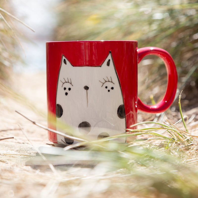 Mug - CCMF-005 - White Cat On Red Mug - White Cat On Red Mug - Whistlefish